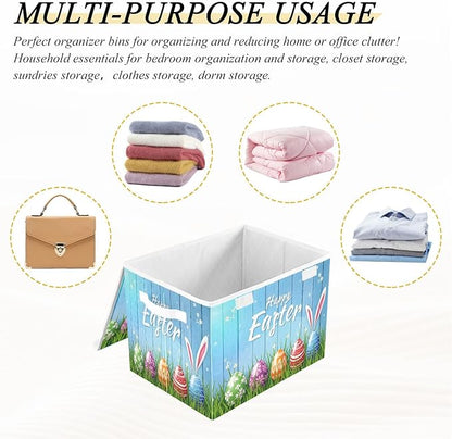 senya Easter Baskets Collapsible Storage Bins with Lids, Happy Easter Bunny Eggs Storage Boxes Clothes Baskets for Organizing