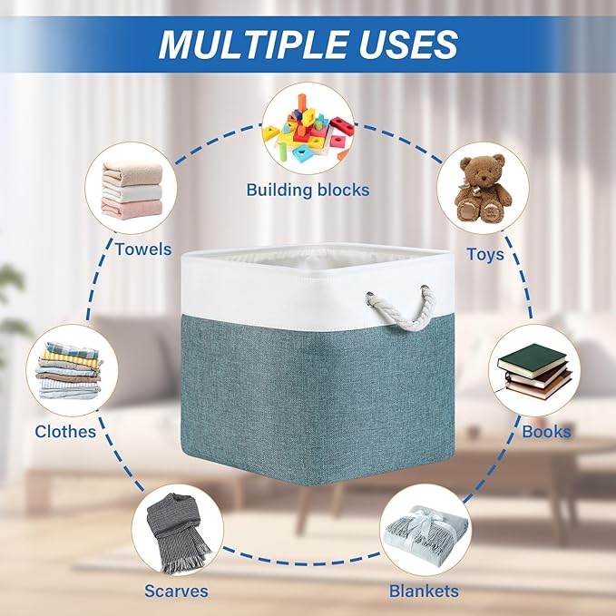 Temary Cube Bins 4 Pack Large Storage Cube Storage Baskets 13x13x13 Storage Cube Bins for Shelves with Handles, Fabric Storage Cubes for Gifts Empty (White&Dark Green)