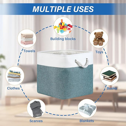 Temary Cube Bins 4 Pack Large Storage Cube Storage Baskets 13x13x13 Storage Cube Bins for Shelves with Handles, Fabric Storage Cubes for Gifts Empty (White&Dark Green)