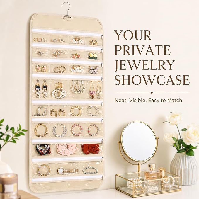 Cabilock 66 Pockets Hanging Jewelry Organizer, Double Sided Zippered Earring Holder with Clear Pockets, Space Saving Necklace Bracelet Ring Storage Bag for Closet, Door, Wall and Travel, Beige 1pcs