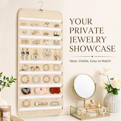 Cabilock 66 Pockets Hanging Jewelry Organizer, Double Sided Zippered Earring Holder with Clear Pockets, Space Saving Necklace Bracelet Ring Storage Bag for Closet, Door, Wall and Travel, Beige 1pcs