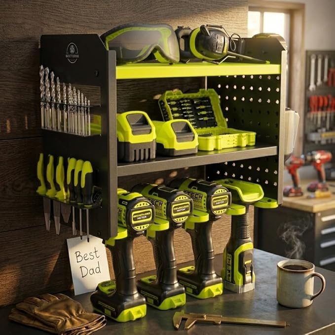BUILTSTRONG Power Tool Organizer Wall Mount – 3-Tier Heavy-Duty Steel Rack, 4 Drill Slots, Pegboard + Utility Side, 100 lb Capacity – Garage, Workshop & Shed Storage (Green)