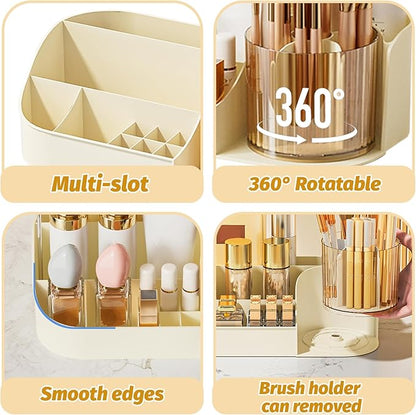 DASITON Large Capacity Makeup Organizer with 360° Rotating Makeup Brush Holder, Perfume and Skincare Storage Organizers for Vanity Bathroom Countertop, Cosmetic Display Case (Cream, 2 Tier)