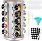 Spice Rack Organizer with Jars for Cabinet (20Pcs) Revolving/Rotating Seasoning Organizer, Stainless Steel/Wooden Countertop Rack Tower Organizer for Kitchen Pantry with Reusable Labels/Funnel/Brushes