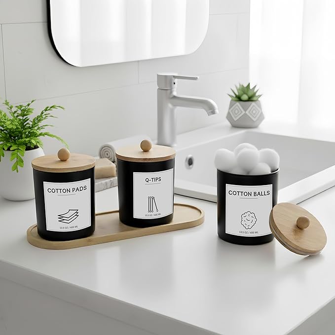 3Pack Glass Qtip Holder with Bamboo Tray, Cotton Ball Holder, 13.5 oz Apothecary Jars Bathroom Canisters with Lids, Bathroom Jars for Floss Picks, Cotton Swabs, Balls, Pads(Black)