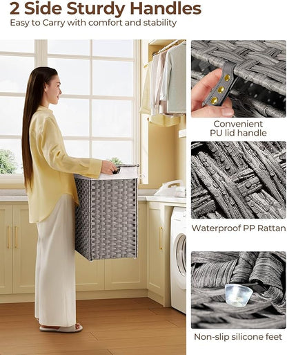 Greenstell Laundry Hamper with lid, No Install Needed, 110L Wicker Laundry Baskets Foldable 2 Removable Liner Bags, 2 Section Clothes Hamper Handwoven Rattan Laundry Basket with Handles, Gray