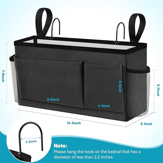 BlissTotes Bedside Caddy, Bedside Storage Organizer for Bunk Bed Accessories, Dorm Storage for Bedside Shelf and Bunk Bed Shelf, Bed Caddy for Home, Dorm, Bunk (Dark Gray, 1 Pack)