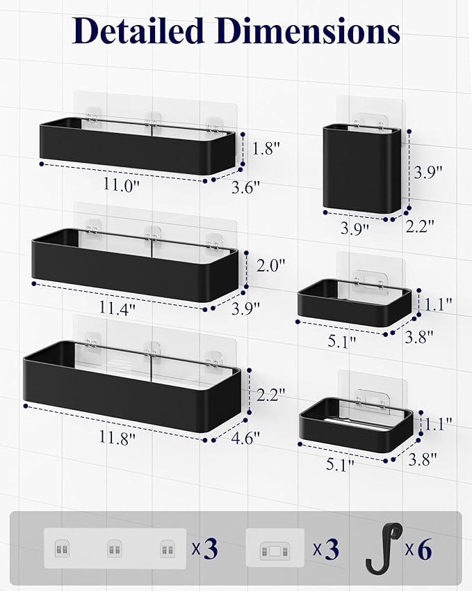 Kitsure Shower Caddy Adhesive - 6-Pack, No-Drilling Shower Shelves with Soap Holder, Toothbrush Holde, 6 Hooks, Rustproof & Stylish Bathroom Organizers and Storage Solution, Black, Large