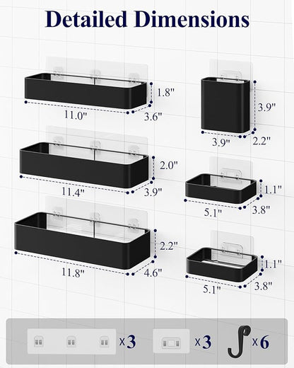 Kitsure Shower Caddy Adhesive - 6-Pack, No-Drilling Shower Shelves with Soap Holder, Toothbrush Holde, 6 Hooks, Rustproof & Stylish Bathroom Organizers and Storage Solution, Black, Large