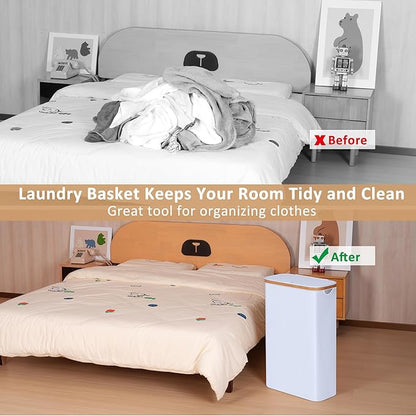 iEGrow 60L Slim Laundry Hamper, Narrow Laundry Basket with Lid,Foldable Clothes Hamper with Bamboo Handles,Hamper Basket with Removable Inner Bag for Laundry Room Bedroom College Dorm,15.85 Gals White