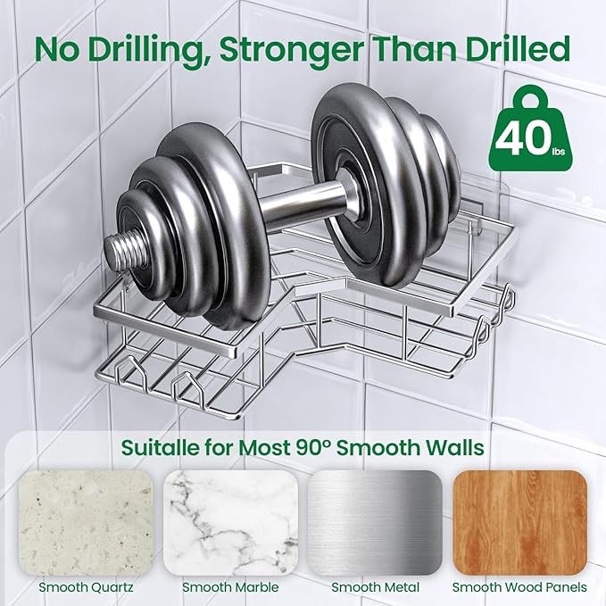 Adhesive Shower Caddy, 2 Pack Corner Bath Organizer, Rustproof Stainless Steel Shower Shelves with Large Capacity, No Drilling Shelves for Bathroom Storage, Home, Kitchen Decor (Silver).
