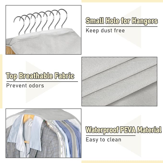 MISSLO 10" Gusseted Garment Bags for Hanging Clothes 32" Suit Bags for Closet Storage Clothing Covers for Shirts, Coats, 3 Packs, Grey