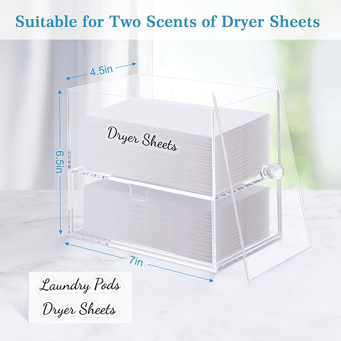 JYPS 1+1 Acrylic Dryer Sheet Holder with Drawer and Bamboo Lid, Clear Acrylic Large-Capacity Laundry Pods Container, Scent Boosters & Powder, Laundry Room Organization decor, Storage Jars Set