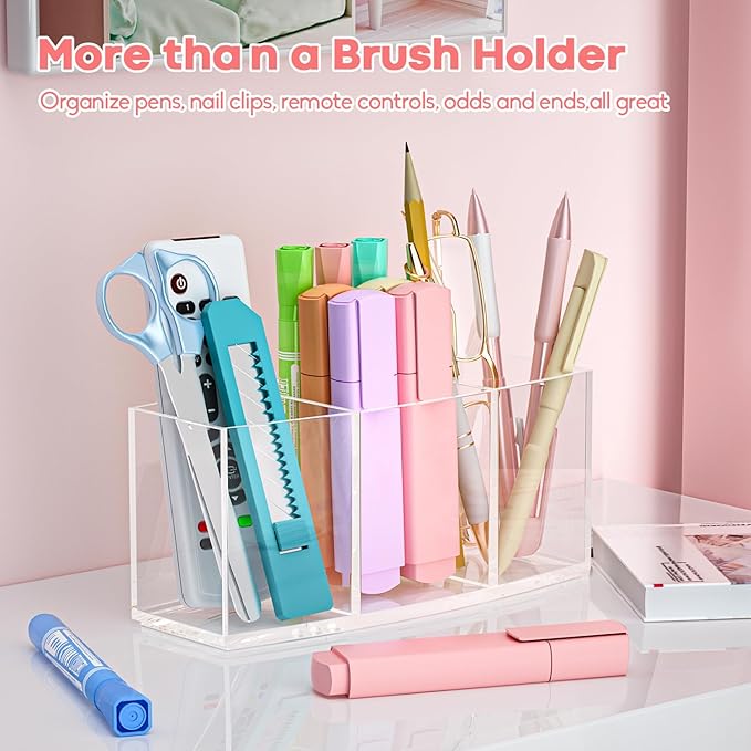 Clear Makeup Brush Organizer, Acrylic Cosmetic Brushes Storage with 3 Slots,Perfect Pen Holder for Desk