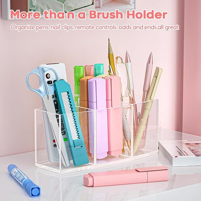 Clear Makeup Brush Organizer, Acrylic Cosmetic Brushes Storage with 3 Slots,Perfect Pen Holder for Desk