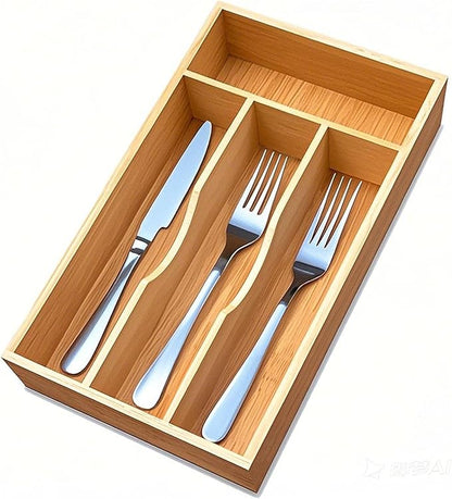 guiogc Bamboo Kitchen Drawer Silverware Organizer, 7 Inch Silverware Utensils Tray Holder for Small Drawer, Wood Caddy for Flatware Cutlery Knives 4-Slots