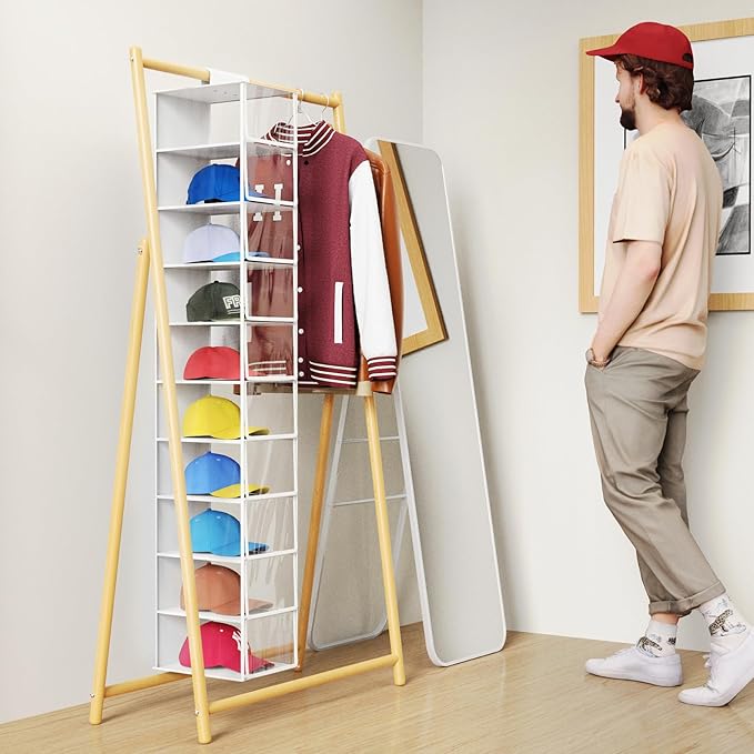 KEEGH Hat Rack with Dust Cover All-round Protect 10 Shelf Hat Storage Hat Organizer for Baseball Caps, Visible Baseball Cap Organizer Hat Holder for Closet, Clear/White