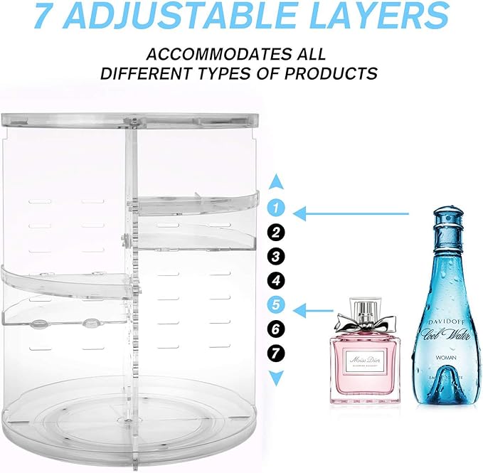 Rotating Makeup Organizer, DIY 8 Adjustable Layers 360 Spinning Skincare Organizer, Lazy Susan Rack Cosmetic Carousel Storage Shelf with Brush Holder for Vanity Bathroom Countertop,Clear