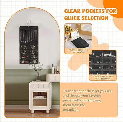 48 Pockets Hanging Jewelry Organizer with Necklace Straps, Double-Sided Black Closet Jewelry Holder for Space-Saving Storage of Earrings, Bracelets & Necklaces