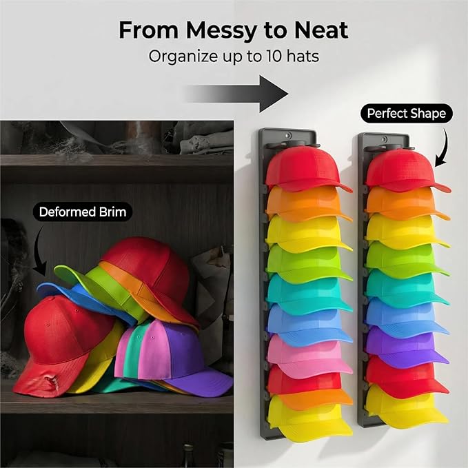 Baseball cap storage box set of 2 - Wall-mounted hat rack, a design suitable for wall-mounted hat racks, saves space and features a built-in spring clip hat hanging storage device (colours)