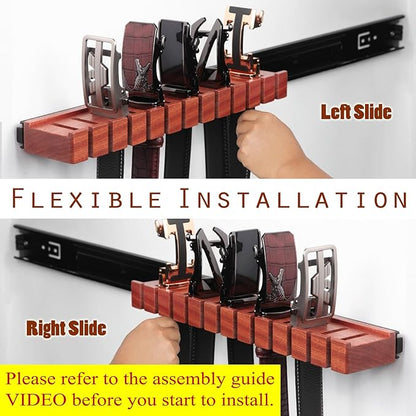 Premium Walnut Wood Belt Organizer with Sliding System - 12-Belt Heavy-Duty Belt Holder, Wall-Mounted Belt Hanger for Closet, Space Saving Storage & Elegant Father’s Day Gift