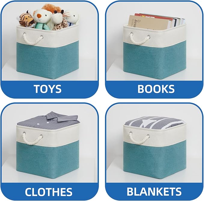 Temary Cubes Storage Baskets 11 Inch Cube Storage Bins 4 Pack Fabric Baskets for Gift Empty Teal Storage Bins for Shelves, Collapsible Fabric Storage Cubes Basket for Storage (White&Teal)