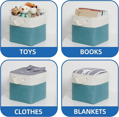 Temary Cubes Storage Baskets 11 Inch Cube Storage Bins 4 Pack Fabric Baskets for Gift Empty Teal Storage Bins for Shelves, Collapsible Fabric Storage Cubes Basket for Storage (White&Teal)