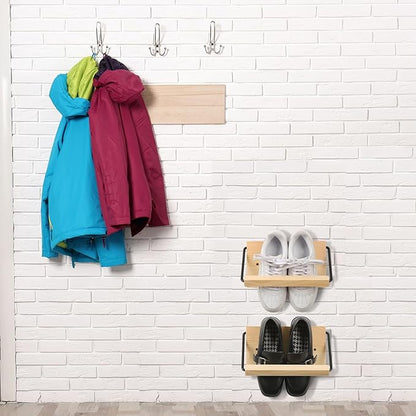 Mifoci 2 Pcs Wall Mounted Shoe Rack Organizer Wooden Modern Compact Wall Space Saving Shoe Holder Storage for Sneaker Footwear Slipper Boots Entryway Narrow Spaces Hallway(9.84'' Long)