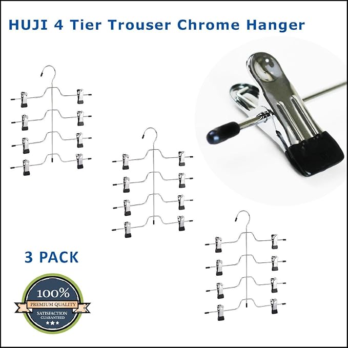 HUJI Sturdy 4 Tier Trouser Skirt Pants Hanger Chrome and Black Vinyl (Set of 3, 4 Tier Trouser Hangers)