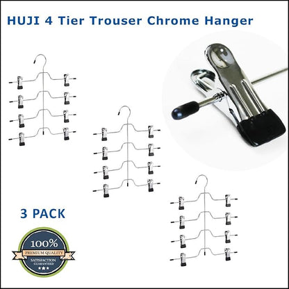HUJI Sturdy 4 Tier Trouser Skirt Pants Hanger Chrome and Black Vinyl (Set of 3, 4 Tier Trouser Hangers)