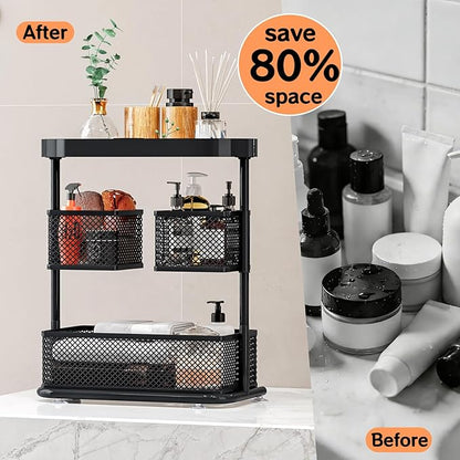 Bathroom Counter Organizer 3 Tier Rotating Cosmetic Holder Standing Shelf Vanity Bedroom Storage Cabinet Bathroom Tray for Countertop Storage Kitchen Spice Rack (Black, 3Tiers)