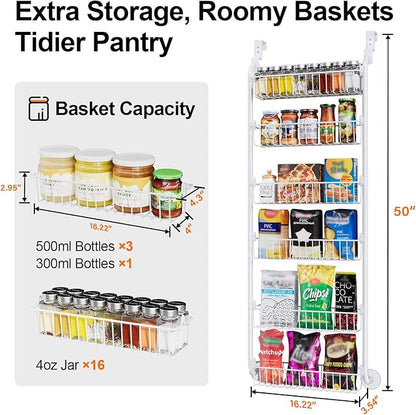 Delamu Over the Door Pantry Organizer, 6-Tier Pantry Organizers and Storage, Metal Cabinet Door Organizer, Hanging Spice Rack Shelves for Home & Kitchen, D5 x W18 x H50 inch, White