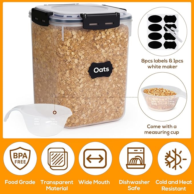 Large Thicker Food Storage Containers with Lids Airtight 5.3L/179Oz, 4pcs Plastic Pantry Storage Container for Dry Food/ Flour/ Sugar/ Pasta/ Cereal/ Baking Supplies, Canister for Kitchen Organization