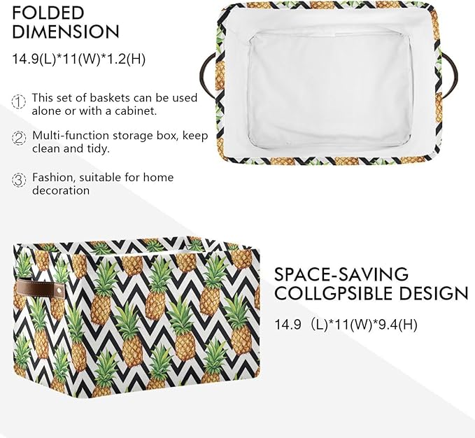 Pineapple Pattern Storage Basket Bin, Large Cube Storage Box Canvas Collapsible Storage Organizer for Home Office Closet - 15 L x 11 W x 9.5 H