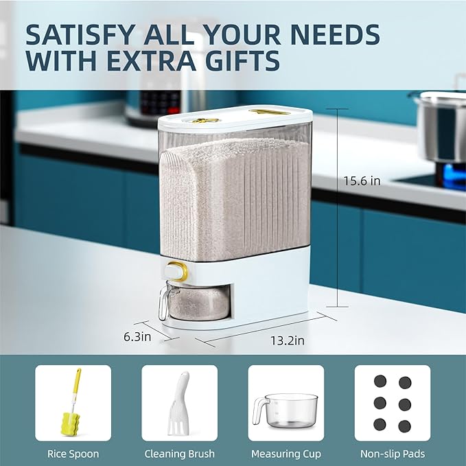 Rice Dispenser,22Lbs-25Lbs Rice Container with Measuring Cup, Upgraded Lid Time Dials & Built-in Fresh Box Rice Container Storage for Home Kitchen Pantry Stores Rice - White Capacity 22Lbs-25Lbs