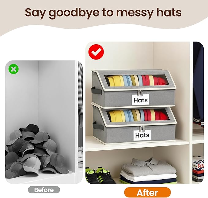 Hat Organizer for Baseball Caps, 2-Pack Stackable Hat Storage Box Holds 30 Caps, Foldable Cardboard Holder with Clear Dust-Proof Window for Closet, Grey