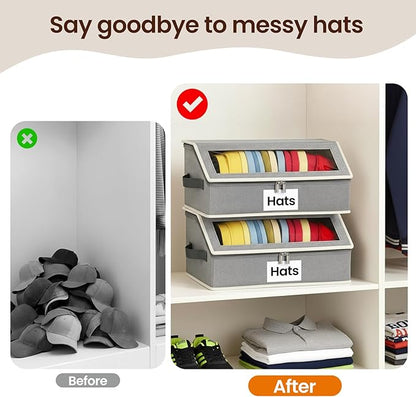 Hat Organizer for Baseball Caps, 2-Pack Stackable Hat Storage Box Holds 30 Caps, Foldable Cardboard Holder with Clear Dust-Proof Window for Closet, Grey