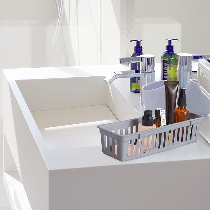 Domensi 12 Pack Slim Plastic Storage Baskets Tray for Organizing 10.25x3.25x2.5 Inch Small Narrow Storage Bins Stackable Drawer Pencil Trays Holder for Desk Garage Cabinet Container (Gray)