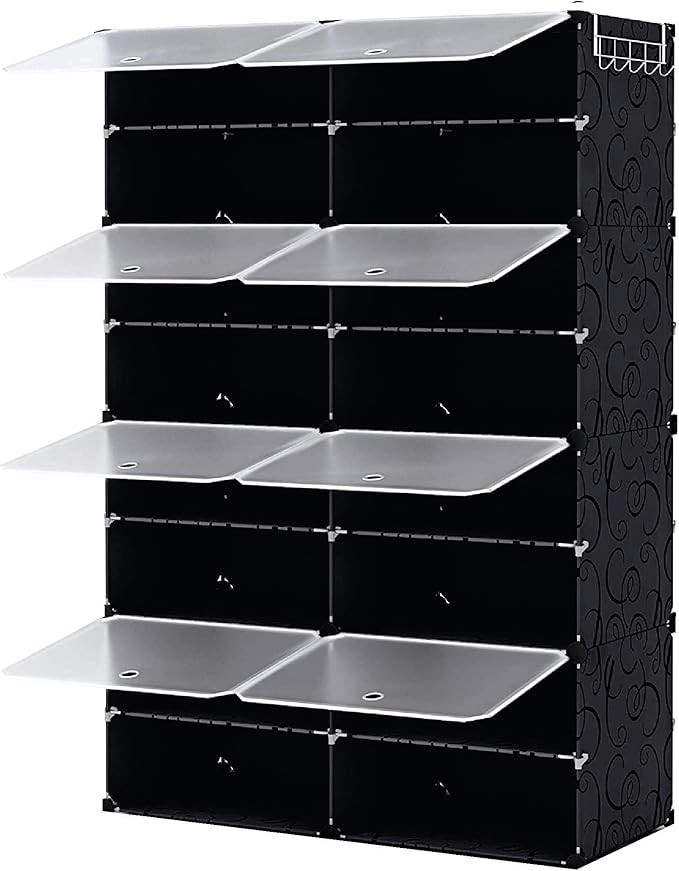 Patented Shoe Racks Organizers Shelves, Floor-Standing, Wall Hanging, Sturdy and extendable. Easy DIY Assembly, for Door Entrance, Closet, and Workplace (2x8Grid, Translucent & Black)
