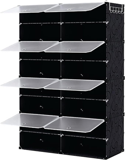 Patented Shoe Racks Organizers Shelves, Floor-Standing, Wall Hanging, Sturdy and extendable. Easy DIY Assembly, for Door Entrance, Closet, and Workplace (2x8Grid, Translucent & Black)