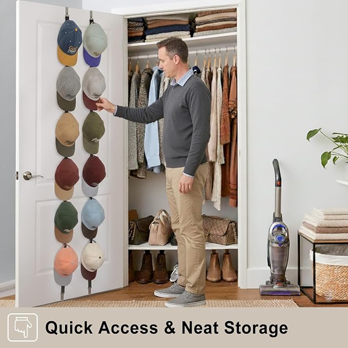 Hat Rack for Door, Hat Holder over the Door Hats Organizer for Baseball Caps, Hat Hanger for Closet, 12 Hooks Cap Organizer on Wall for Storage & Display - 2 Pack