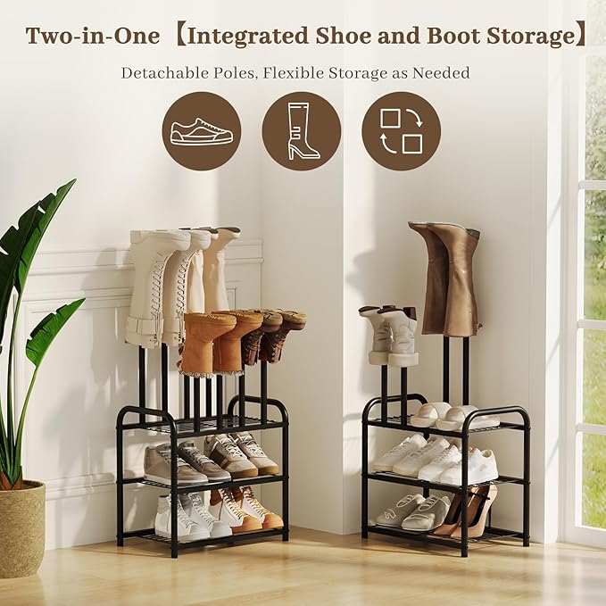 Kitsanery Shoe Rack - 3-Tier Metal Boot Rack Organizer for Entryway, Closet & Garage, Free Standing Shoe Shelf for Storage Tall Boots, Sneakers, Cowboy Boots, Black (Small - 4 Pairs)