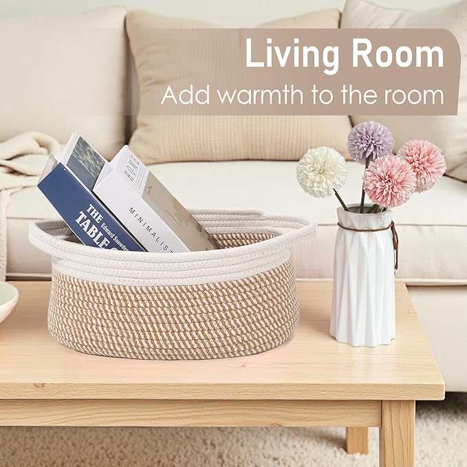 JMvicyroam Woven Basket,Small Rope Storage Bin with Handles & Ribbon Bag, Organizer for Shelves Closets,Gift Basket Empty for Birthday,Books,Dog Toys, White&Brown Block