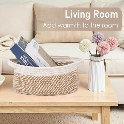 JMvicyroam Woven Basket,Small Rope Storage Bin with Handles & Ribbon Bag, Organizer for Shelves Closets,Gift Basket Empty for Birthday,Books,Dog Toys, White&Brown Block
