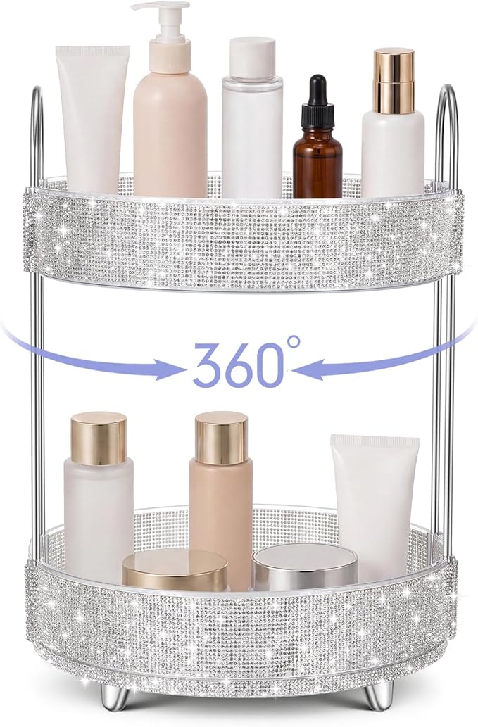 Honeydak 360 Rotating Perfume Organizer for Mother Day Nurse Day Rhinestone Bathroom Counter Organizer Makeup Holder Skincare and Perfume Storage for Cosmetic Countertop(2 Tiers,Resin Stone,White)