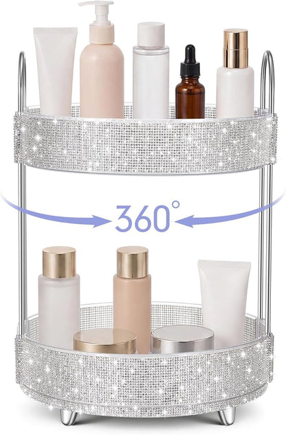 Honeydak 360 Rotating Perfume Organizer for Mother Day Nurse Day Rhinestone Bathroom Counter Organizer Makeup Holder Skincare and Perfume Storage for Cosmetic Countertop(2 Tiers,Resin Stone,White)