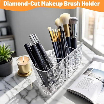 2 Pcs Acrylic Makeup Brush Holder,3 Compartment Cosmetic Organizer,Bathroom Vanity Countertop Storage for Brushes Beauty Tools Pencils Pens Bathroom Living Room