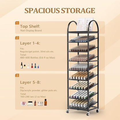 OmySalon Rolling Nail Polish & Powder Display Stand - 8 Tier Mobile Nail Salon Organizer Rack with Wheels, Holds 600 Bottles & 240 Jars for Nail Artists, Salon Display, Retail Store (Black)