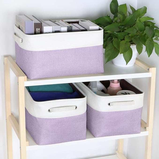 Foldable Storage Bin Collapsible Fabric Storage Basket Cube with Durable Handles Closet Organizer Bins for Organizing Shelves Drawers, Set of 3, 15" x 10" x 9.5", Purple