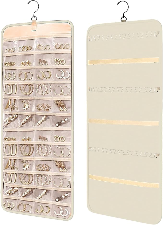 Hanging Jewelry Organizer Storage Roll with Hanger Metal Hooks Double-Sided Jewelry Holder for Earrings, Necklaces, Rings on Closet, Wall, Door, Large 14.17" x 33.07" (beige)
